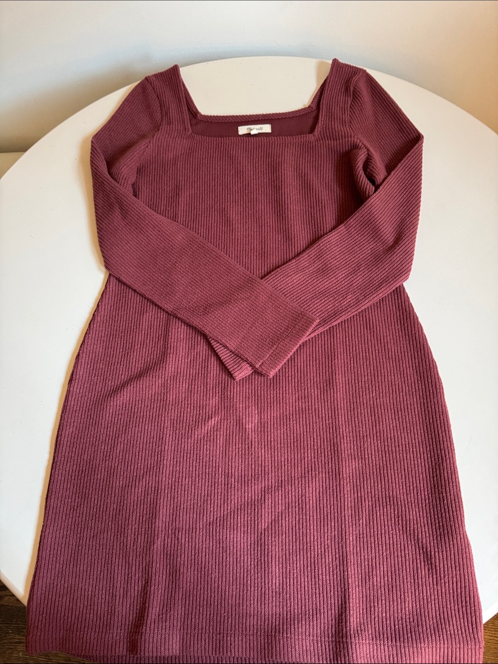 Madewell Ribbed Long-Sleeve Square-Neck Sweater Dress in Mauve Pink Medium